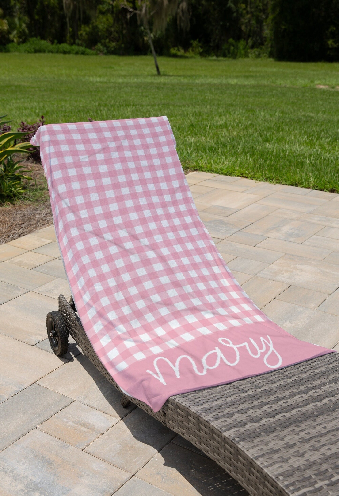 Personalized Swim Towel for Kids Cotton Pool Towel Personalized with Name Gingham Print Beach Towel Summer Birthday Present Pool Party Gift