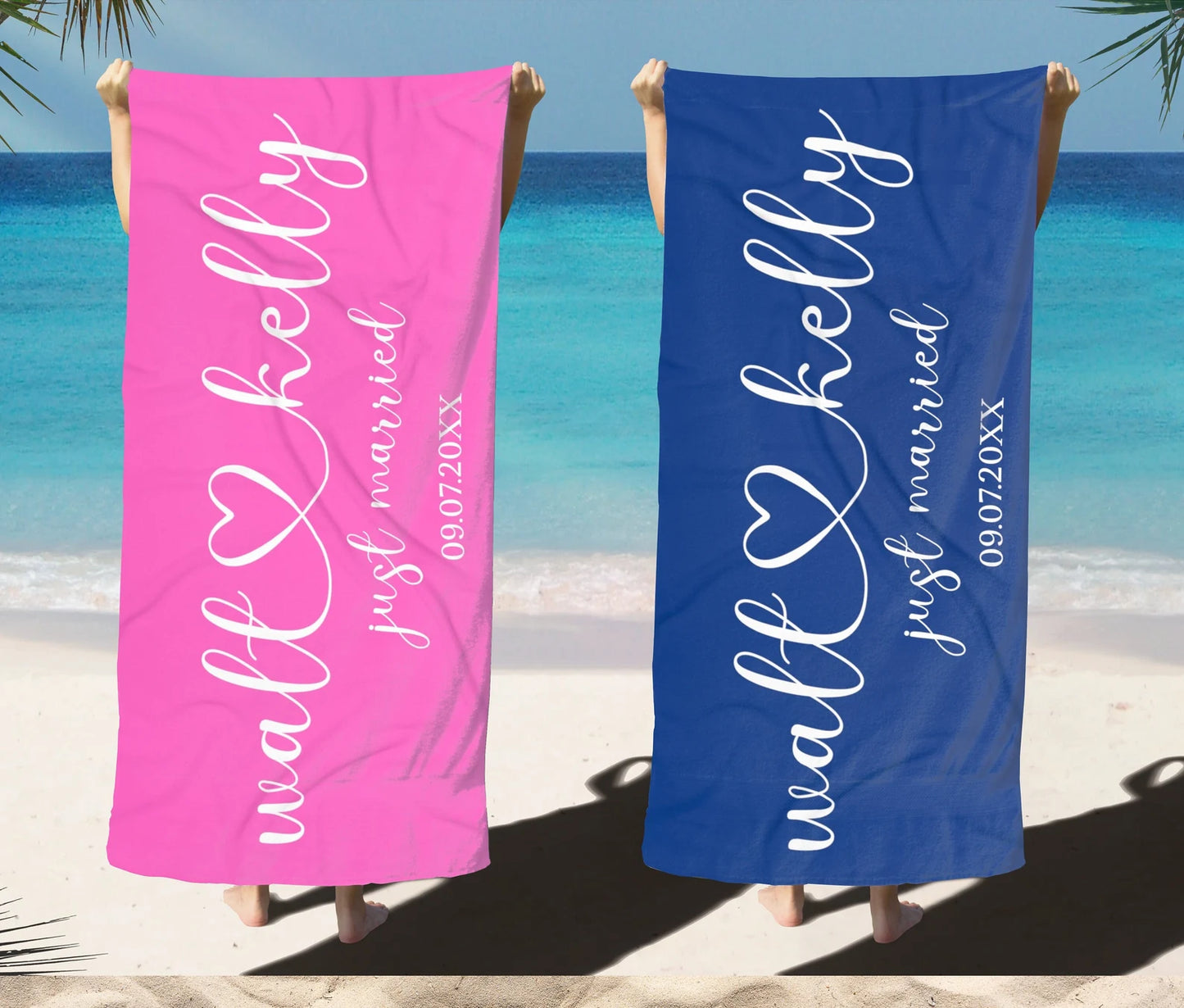 Just Married Beach Towels for Newlyweds Matching Towel Set with Name